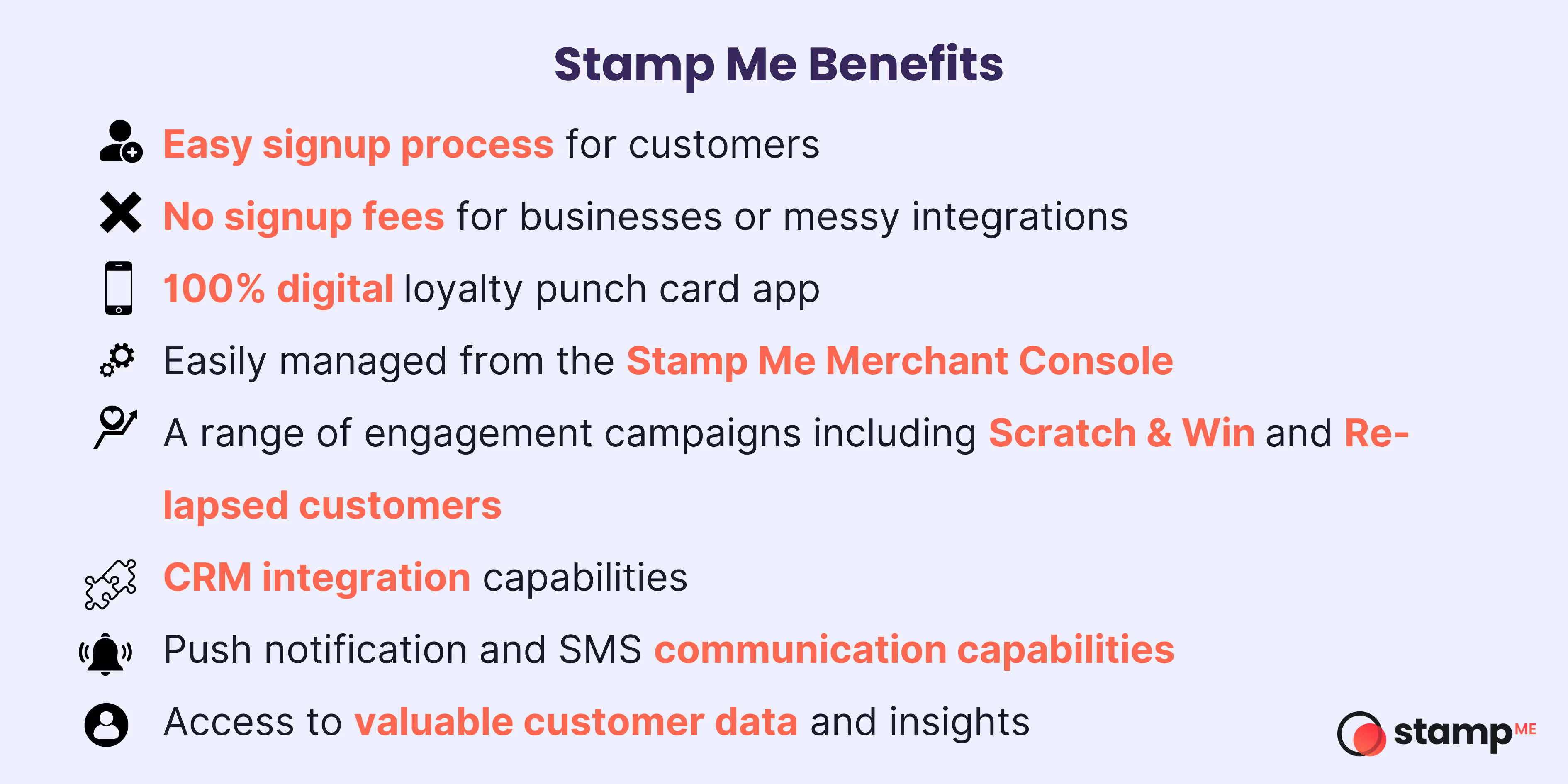 Stamp Me loyalty app benefits displayed with icons for rewards, engagement, and retention.